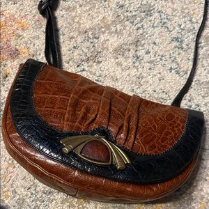 Sharif Brown and Black Croc-Embossed Shoulder Bag